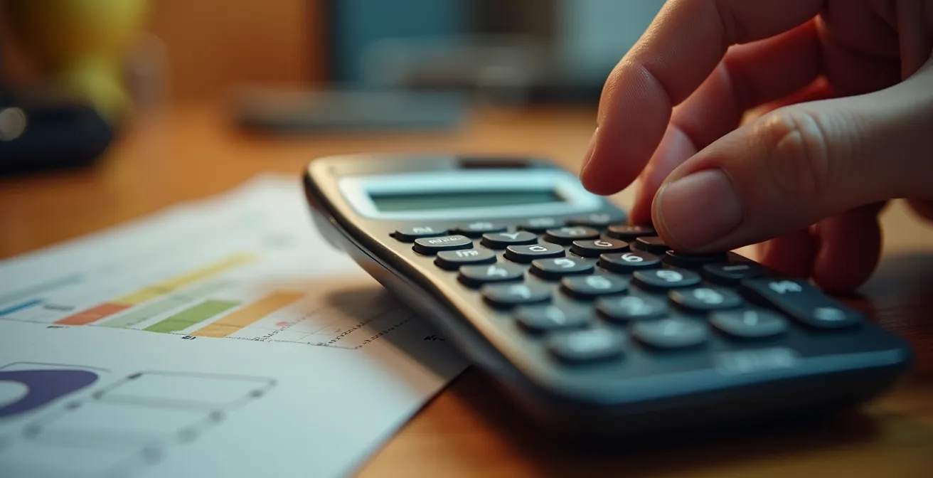 Main tenant une calculatrice avec documents financiers flous en arrière-plan