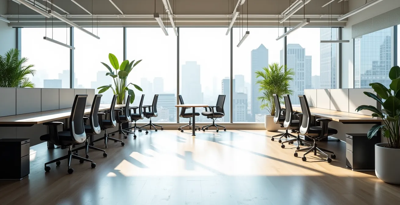 Espace de coworking moderne avec mobilier ergonomique et plantes vertes