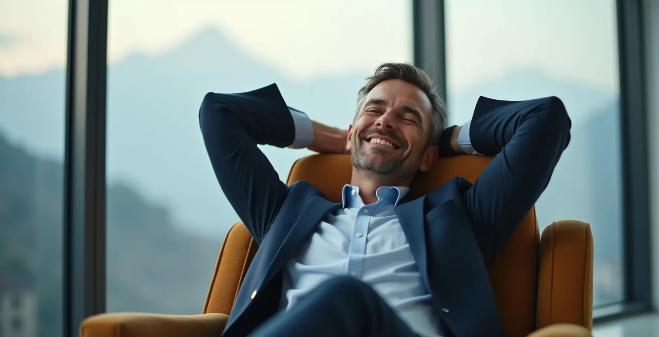 Professionnel détendu dans un espace de travail épuré avec vue sur les montagnes