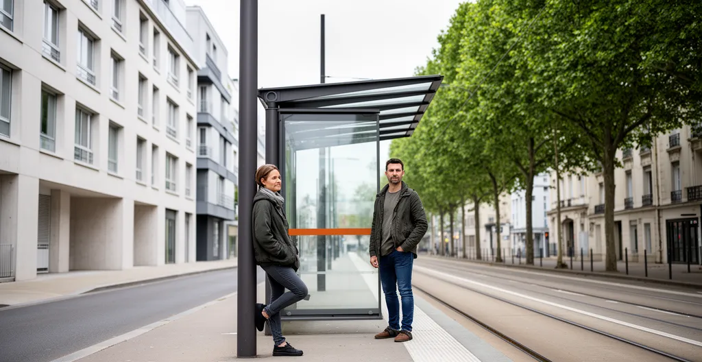 Station de tramway moderne avec quelques usagers en attente dans un quartier résidentiel
