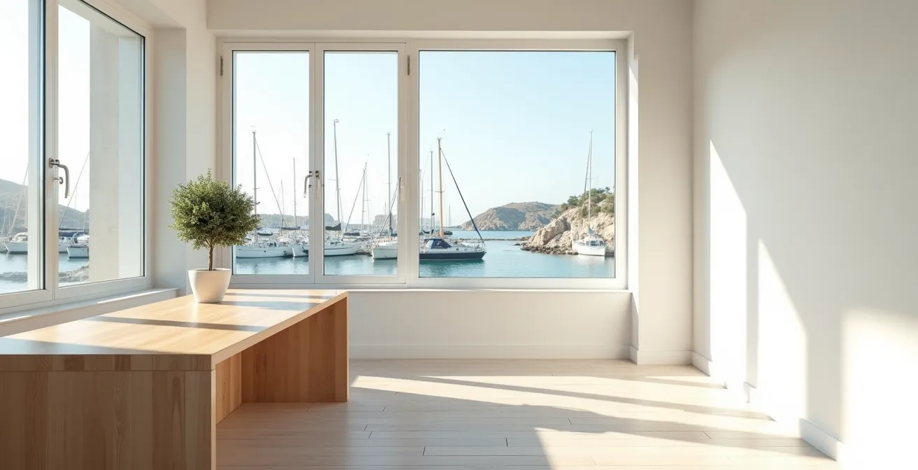 Espace de travail lumineux avec vue sur le port méditerranéen