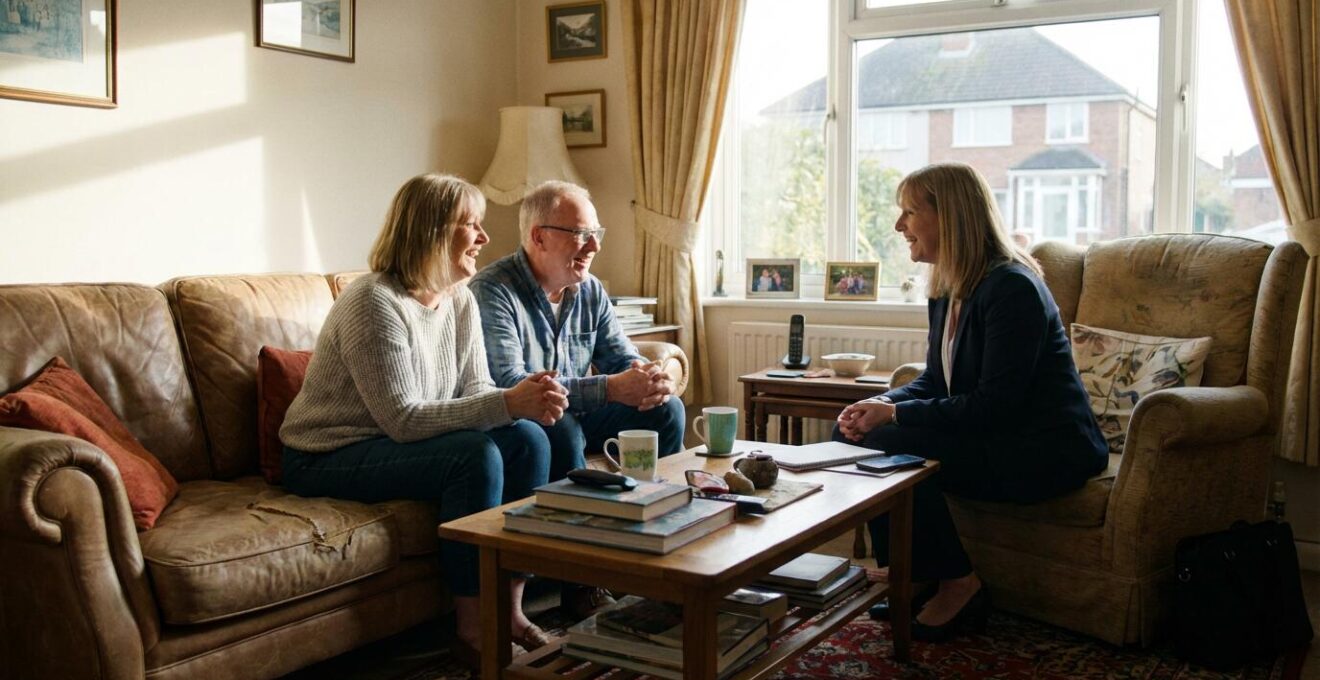 Couple de propriétaires discutant dans leur salon avec un conseiller immobilier