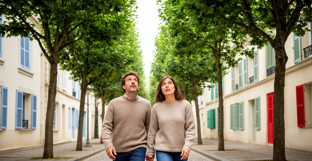 Couple marchant dans une rue résidentielle bordée d'arbres, observant les alentours