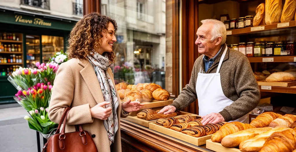 Femme discutant avec un commerçant devant une boulangerie de quartier