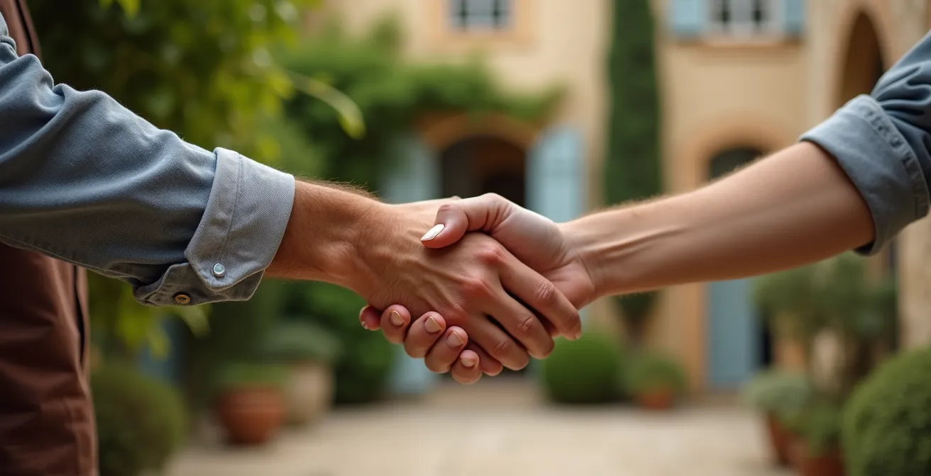 Main d'artisan serrant celle d'un propriétaire devant une maison provençale