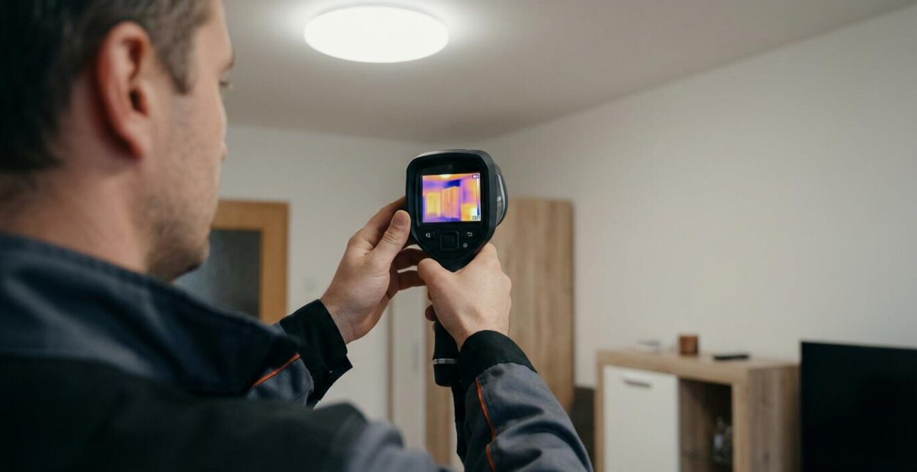 Technicien utilisant une caméra thermique pour inspecter un mur intérieur lors d'un diagnostic énergétique