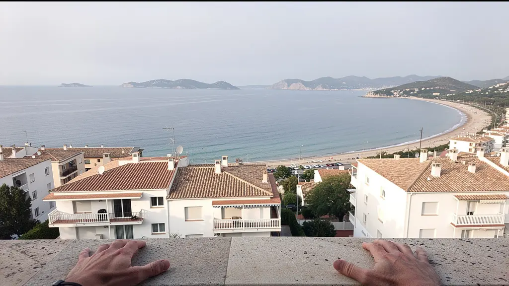 Vue panoramique baie de Rosas avec immeubles résidentiels blancs en premier plan, investissement immobilier Costa Brava