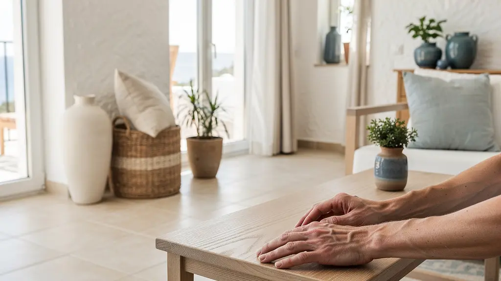 Salon lumineux appartement rénové Rosas avec décoration méditerranéenne moderne et grandes fenêtres