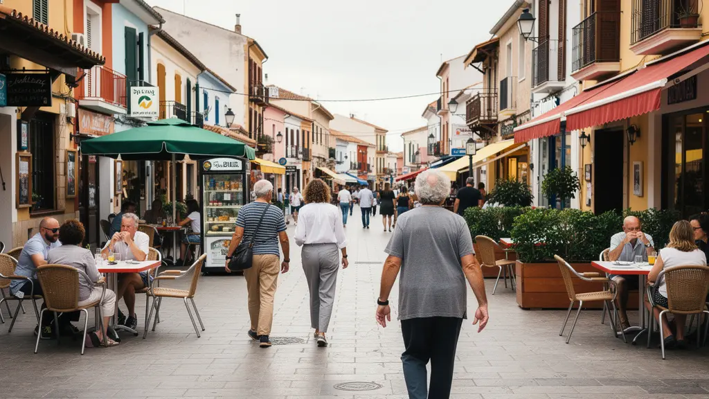 Rue piétonne centre-ville Rosas avec terrasses de cafés et façades colorées Costa Brava
