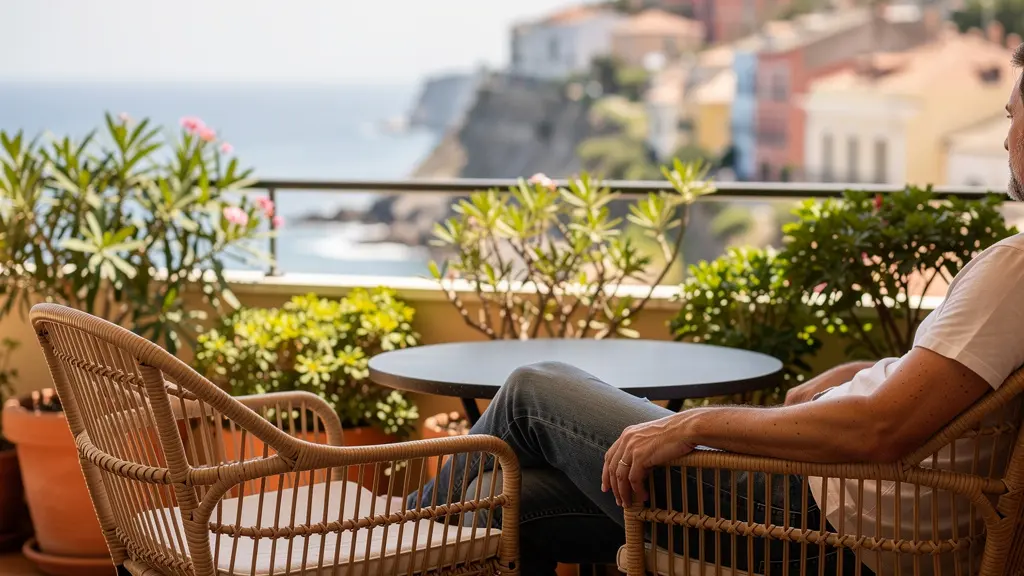 Terrasse ensoleillée appartement Rosas avec mobilier extérieur et vue mer Méditerranée