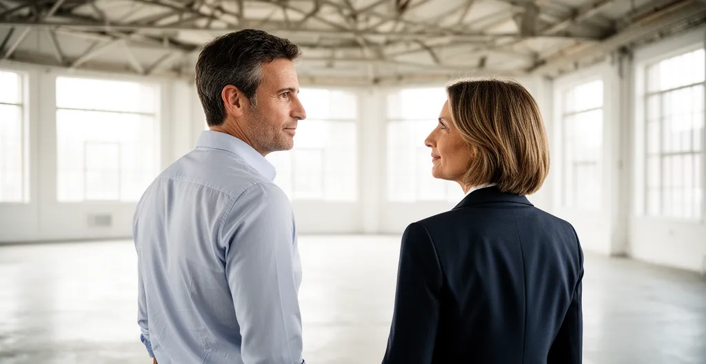 Deux professionnels discutant lors d'une visite de local professionnel vide