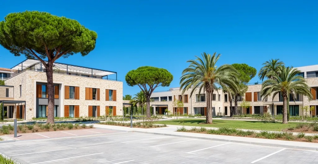 Zone d'activité moderne avec bâtiments de bureaux et végétation méditerranéenne à Sophia Antipolis
