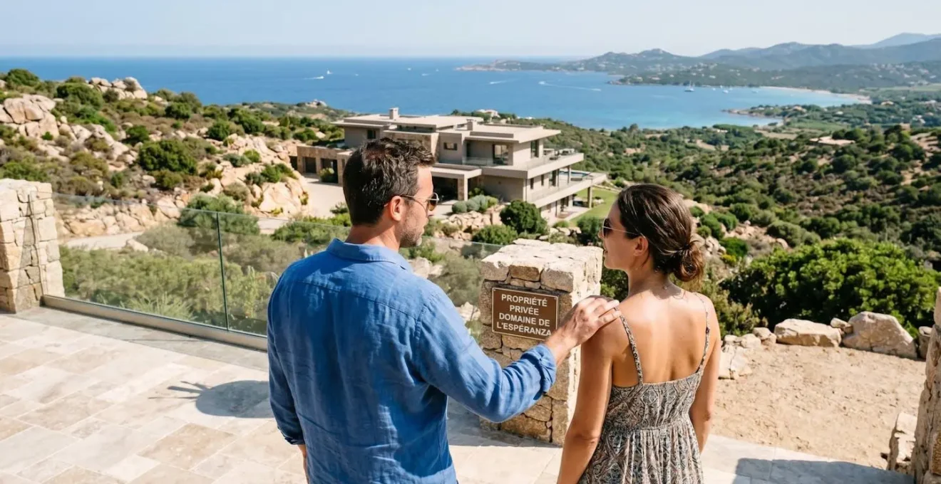 Un couple vu de dos observe l'horizon depuis une terrasse, avec un paysage marin flou en arrière-plan, dans une ambiance méditerranéenne lumineuse et contemporaine