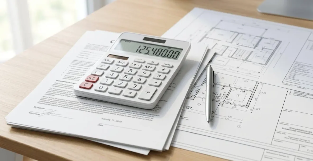 Gros plan macro sur des documents immobiliers et une calculatrice moderne posés sur un bureau contemporain épuré, avec des plans architecturaux aux textes floutés visibles en arrière-plan