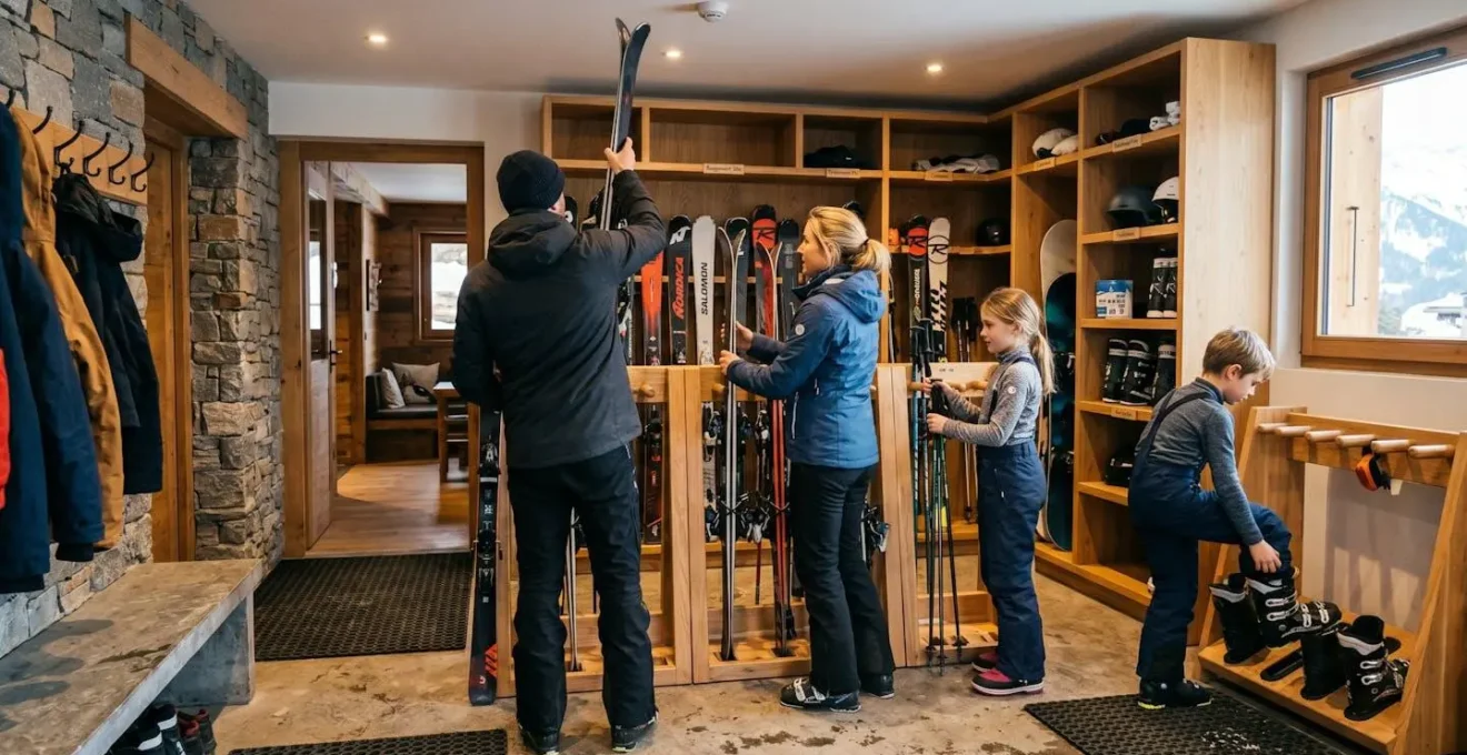 Une famille vue de dos range des skis et des bâtons dans un local à skis contemporain d'un chalet de montagne, avec des casiers en bois et un éclairage chaleureux