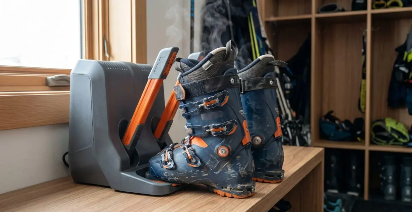 Gros plan sur un sèche-chaussures électrique moderne en fonctionnement avec des chaussures de ski posées dessus et une légère vapeur visible