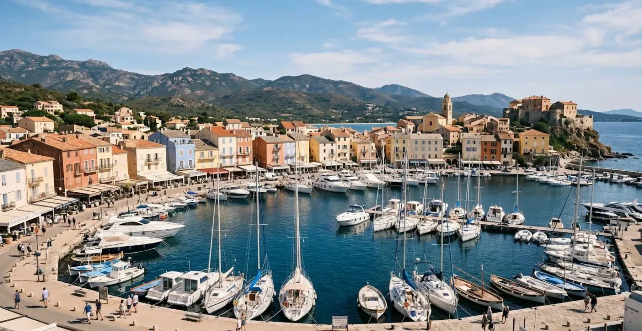 Vue panoramique de la baie de Saint-Florent avec son port de plaisance rempli de bateaux et les maisons colorées alignées le long du front de mer sous un ciel méditerranéen lumineux