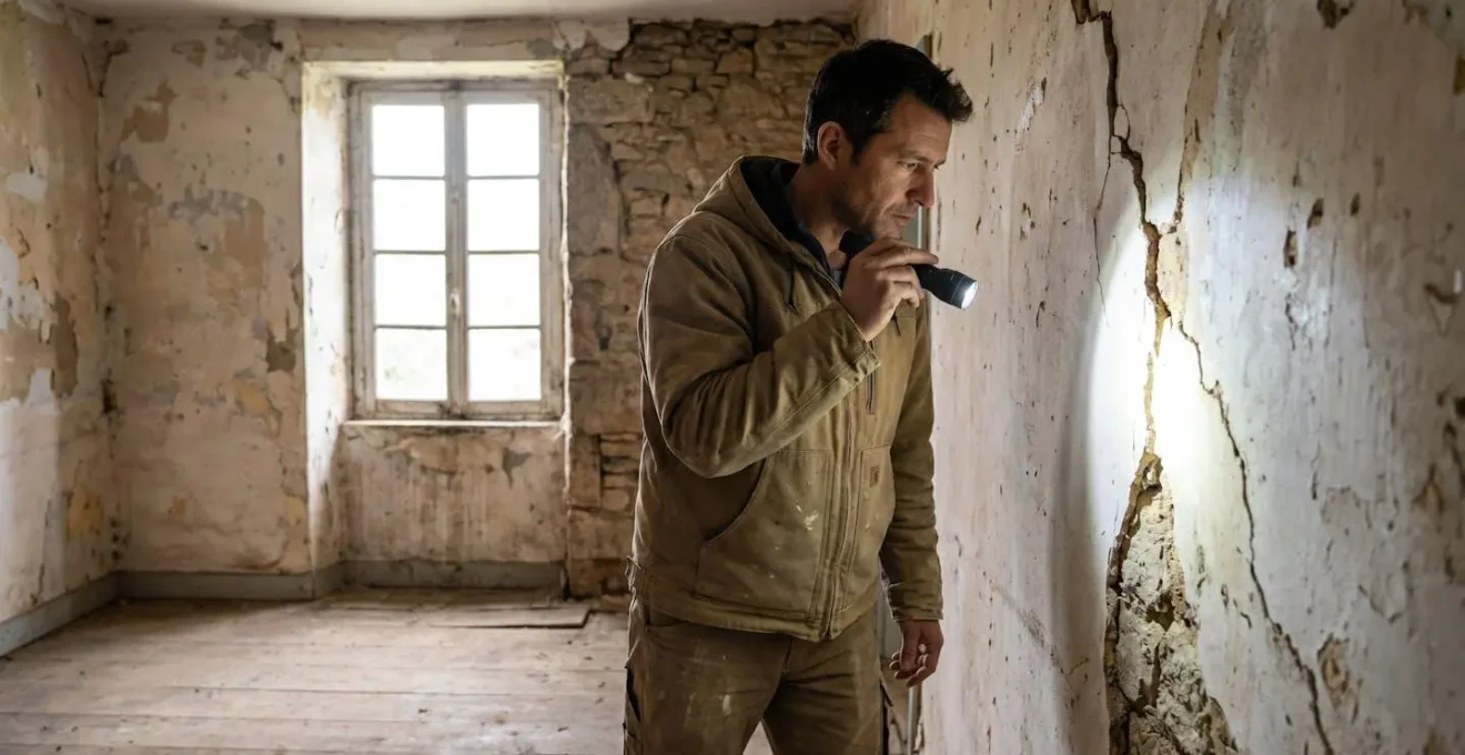 Un artisan du bâtiment examine une cloison lors d'une évaluation avant travaux dans une maison ancienne