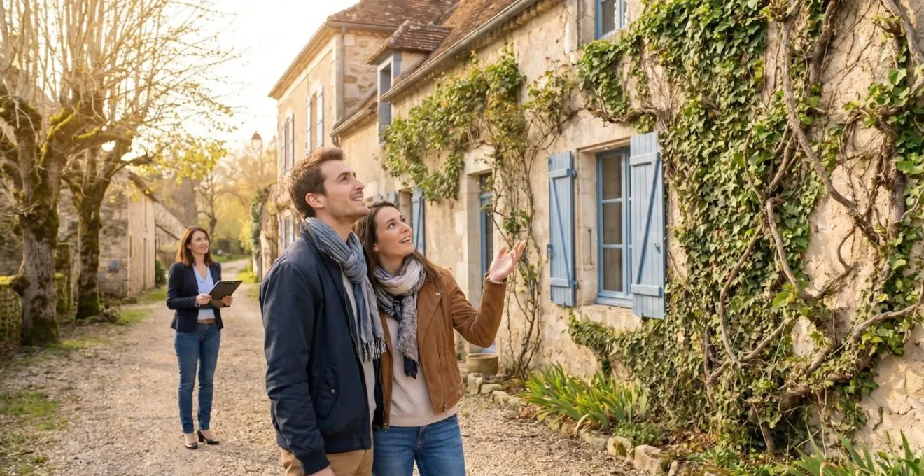 Un couple discutant devant une maison ancienne à rénover lors d'une visite immobilière