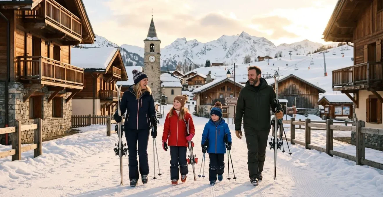 Famille avec enfants marchant vers les pistes de ski dans un village-station authentique des Aravis, chalets savoyards traditionnels et montagnes enneigées en arrière-plan, lumière dorée de fin de journée