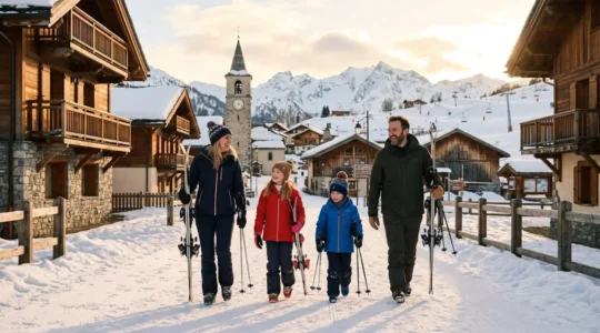 Famille avec enfants marchant vers les pistes de ski dans un village-station authentique des Aravis, chalets savoyards traditionnels et montagnes enneigées en arrière-plan, lumière dorée de fin de journée