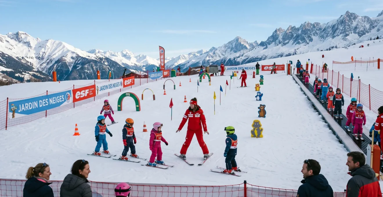 Jardin des neiges avec jeunes enfants accompagnés d'un moniteur ESF, espace sécurisé avec tapis roulant et parcours ludique coloré pour l'initiation au ski