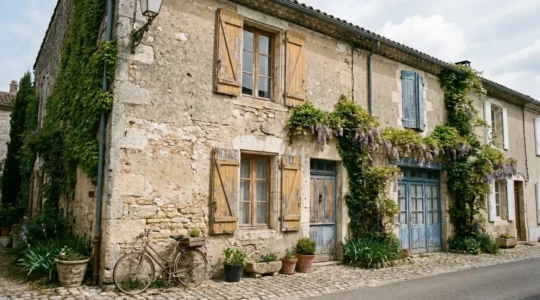 Façade d'une maison ancienne nécessitant des travaux de rénovation, vue depuis la rue