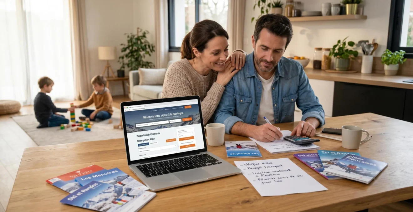 Parents planifiant leur séjour ski en famille, consultant ordinateur et documents avec calculatrice pour établir le budget vacances