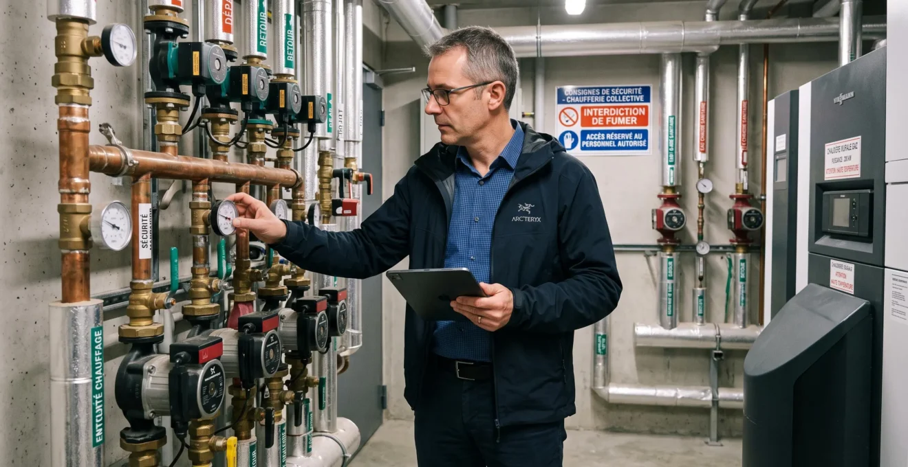 Un professionnel inspecte la chaudière collective et les compteurs dans le local technique d'une copropriété
