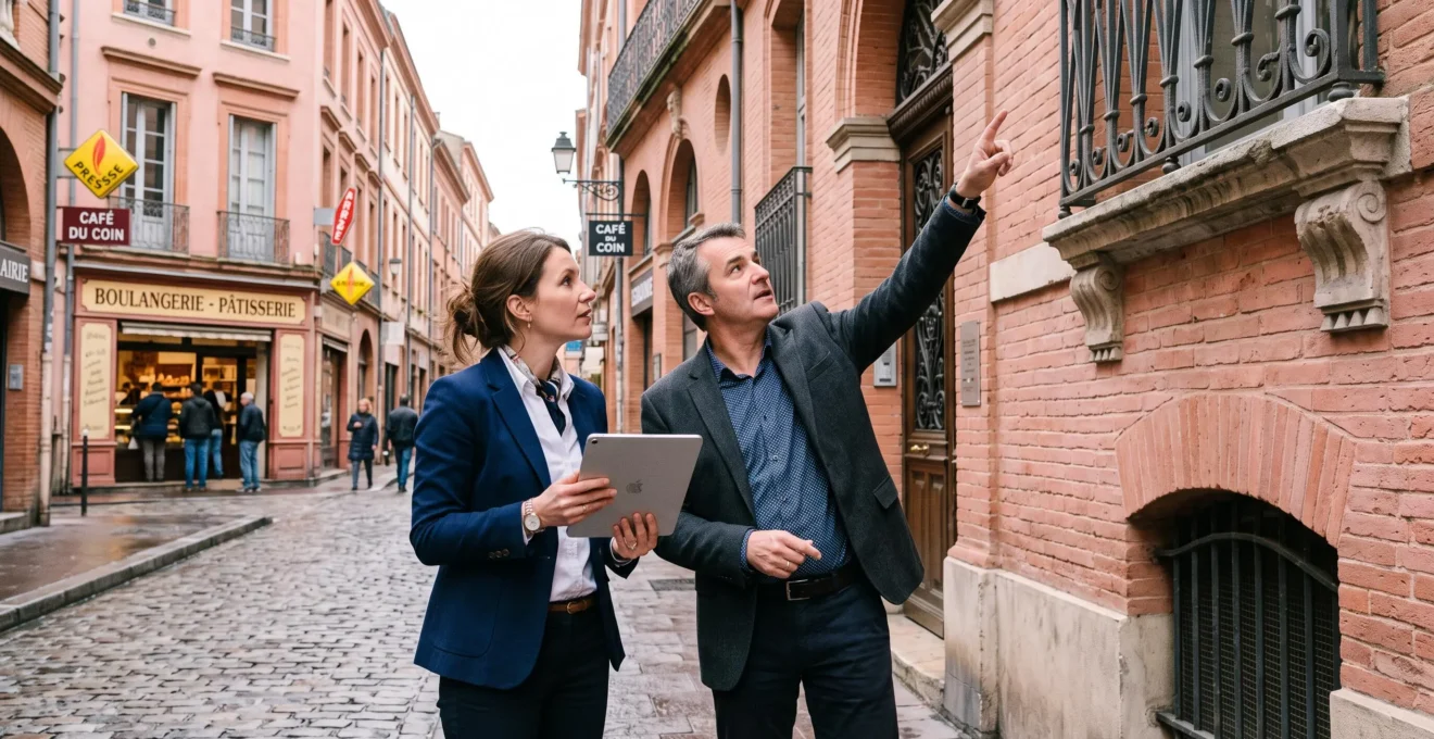 Un syndic et un copropriétaire examinent l'état de la façade en brique rose d'un immeuble toulousain depuis le trottoir