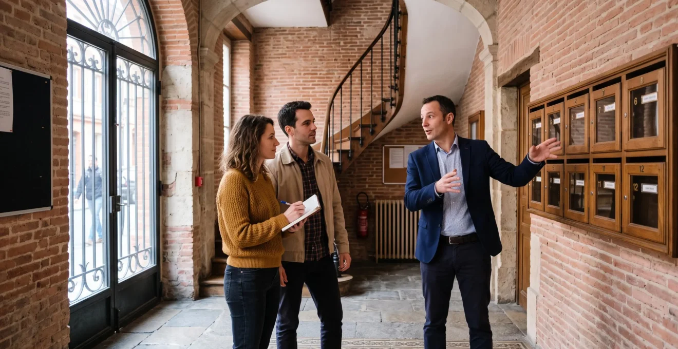 Un syndic immobilier explique les caractéristiques du hall d'entrée à deux copropriétaires lors d'une visite d'immeuble toulousain en brique rose
