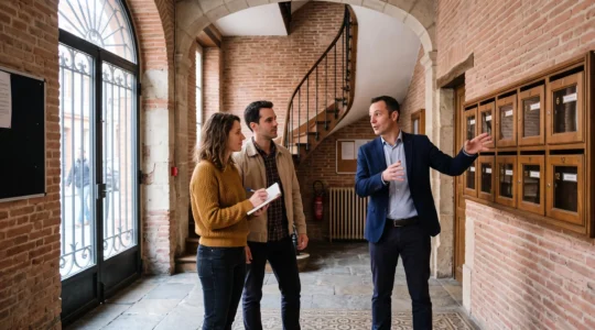 Un syndic immobilier explique les caractéristiques du hall d'entrée à deux copropriétaires lors d'une visite d'immeuble toulousain en brique rose
