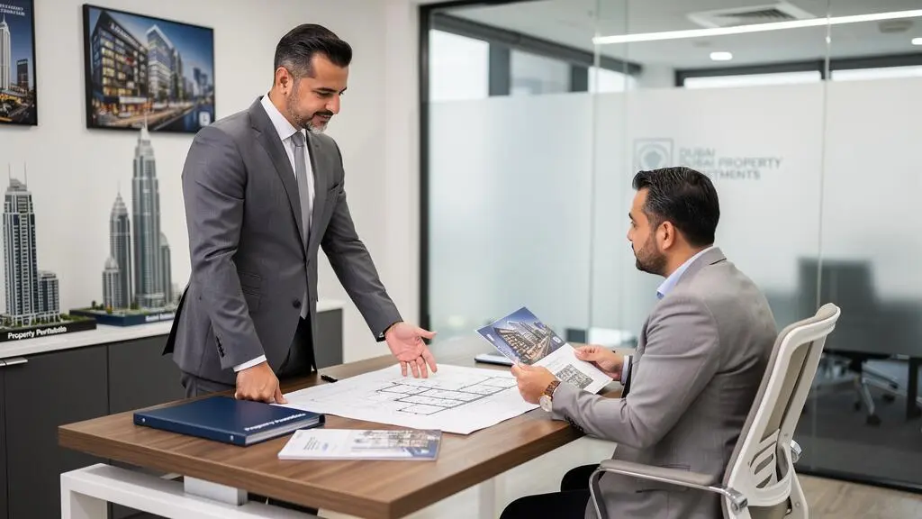 Conseiller immobilier debout présentant des informations à un client investisseur dans un bureau moderne à Dubaï