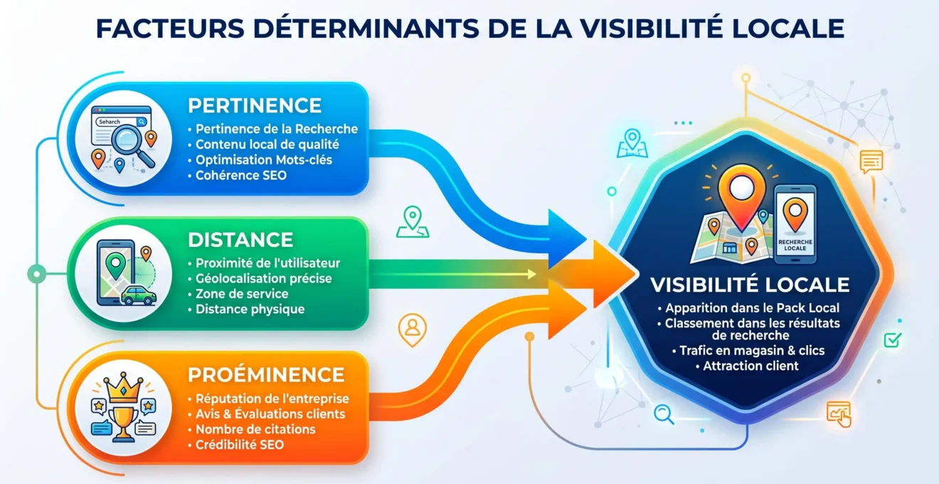 Schéma des facteurs pertinence distance et proéminence du classement local Google