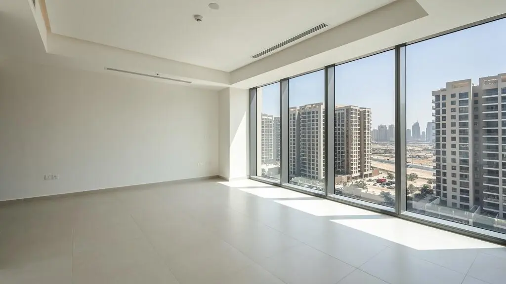 Intérieur d'un appartement moderne vide avec baies vitrées donnant sur le skyline de Dubaï