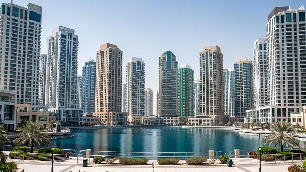Vue du quartier de Jumeirah Lake Towers à Dubaï avec ses tours résidentielles et commerciales autour du lac artificiel